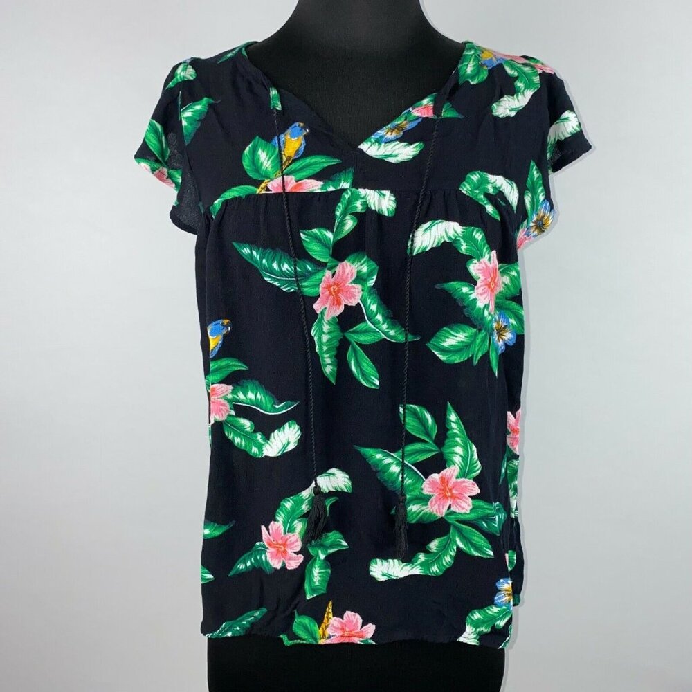 Old Navy Blouse Top Womens XS Tropical Print Floral Parrot Hawaiian Vacation